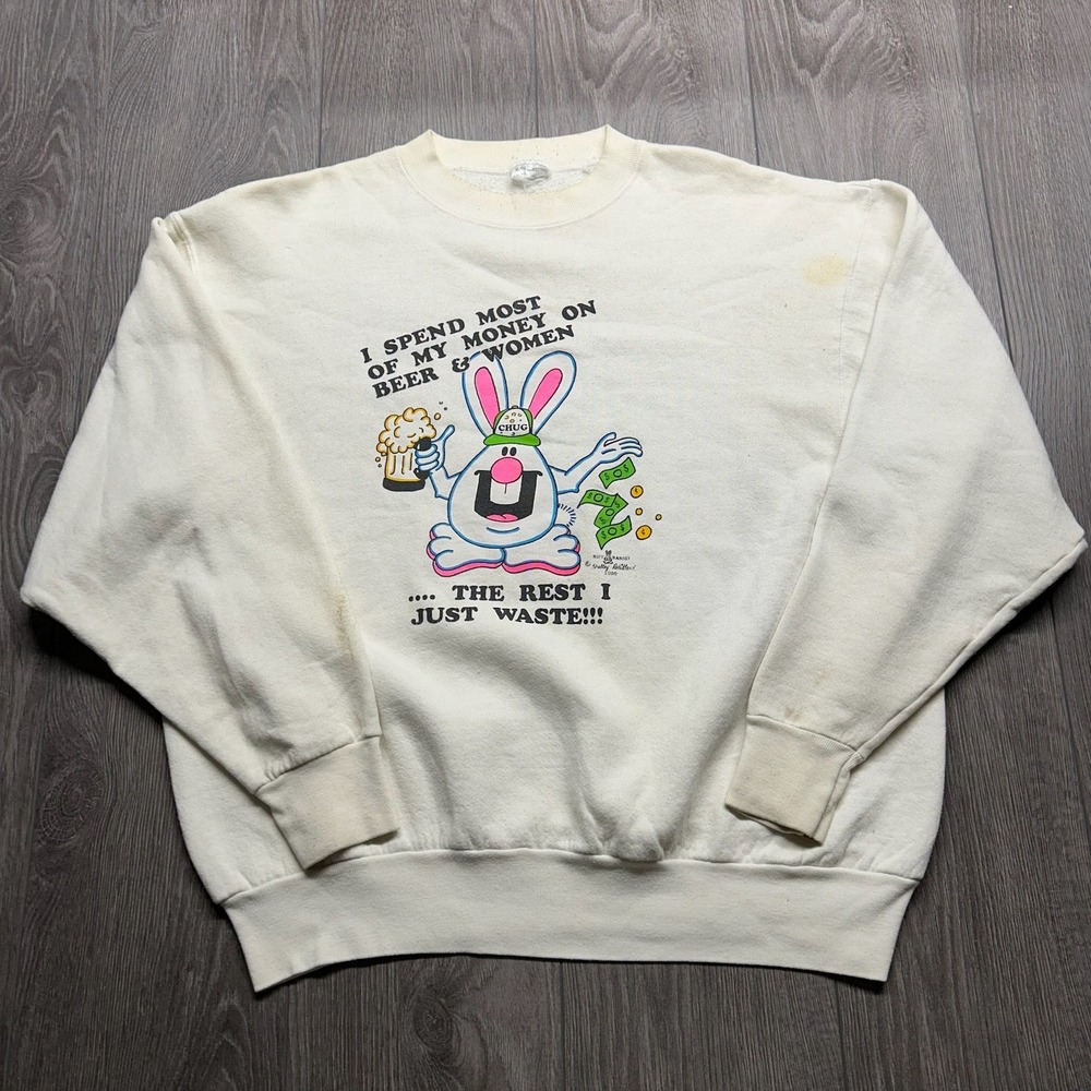 Vintage 1990 Riff Rabbit Beer & Women Graphic Sweatshirt Mens XL Cream 90s Humor
